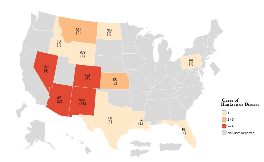 Map of U.S. Hantavirus Cases by State (Jan-Dec, 1993) single year cumulative incidence
