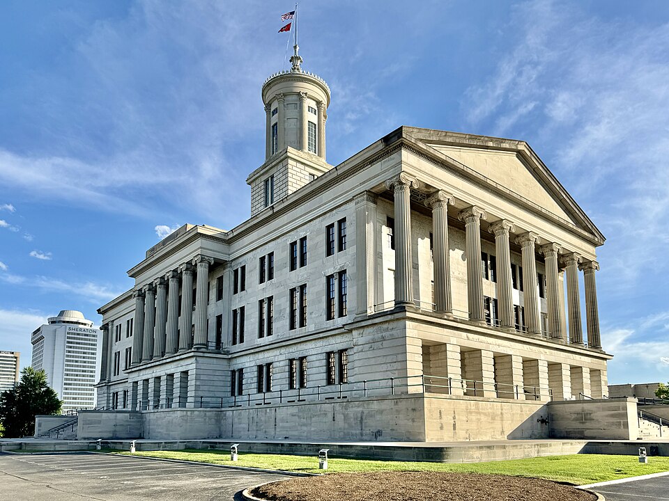 Built in 1845-1859, this Greek Revival-style building was designed by William Strickland for the State of Tennessee to serve as the seat of the seat of the state’s government.  The building was the first purpose-built permanent capitol building for Tennessee, constructed shortly after the city becam