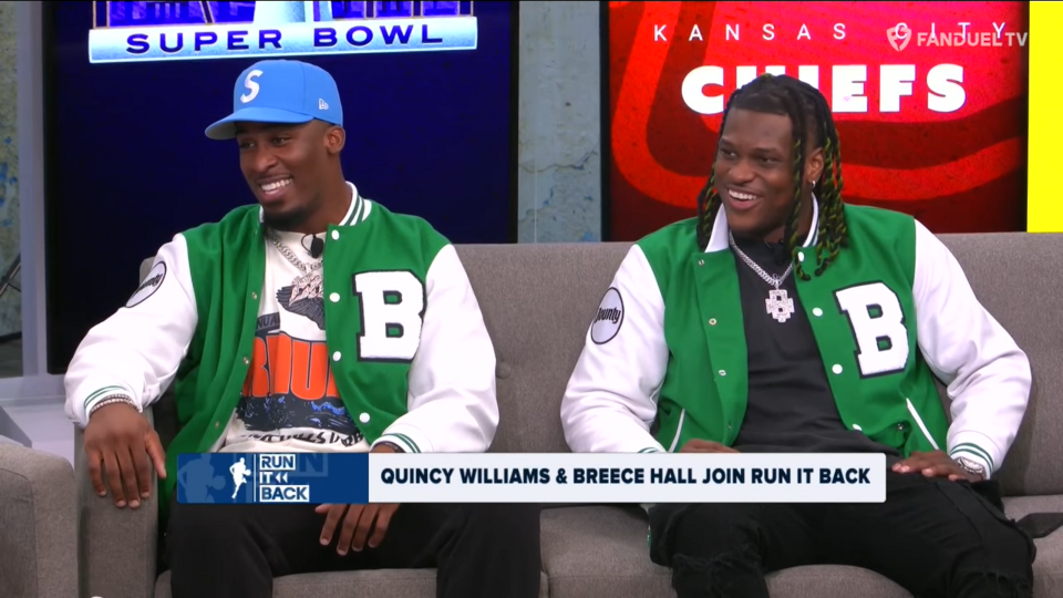 On a episode of 'Run It Back' on FanDuel TV LIVE co-hosts Michelle Beadle, Shams Charania, Lou Williams, and Chandler Parsons are joined by New York Jets players, Breece Hall and Quincy Williams. Image is a screen shot of Youtube video ~ 12:48.