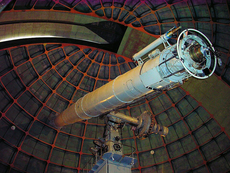 "The Great Lick Refractor"

Lick Observatory was built during the years 1880 to 1888. The 36-inch refractor was fabricated at the same time, and one dome was built specifically for this telescope. "36-inch" refers to the diameter of the refracting lenses, one of which is pictured at the right. When