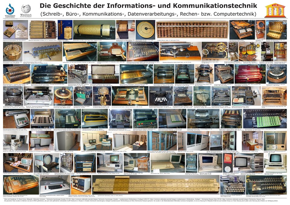 Poster im Format pdf/A0 zur Geschichte der Informations- und Kommunikationstechnik auf der Basis eigener Fotos im Rahmen von GLAM-Fototouren in den Technischen Sammlungen Dresden, im Landesmuseum Württemberg in Stuttgart sowie im Technischen Museum Wien, 2016