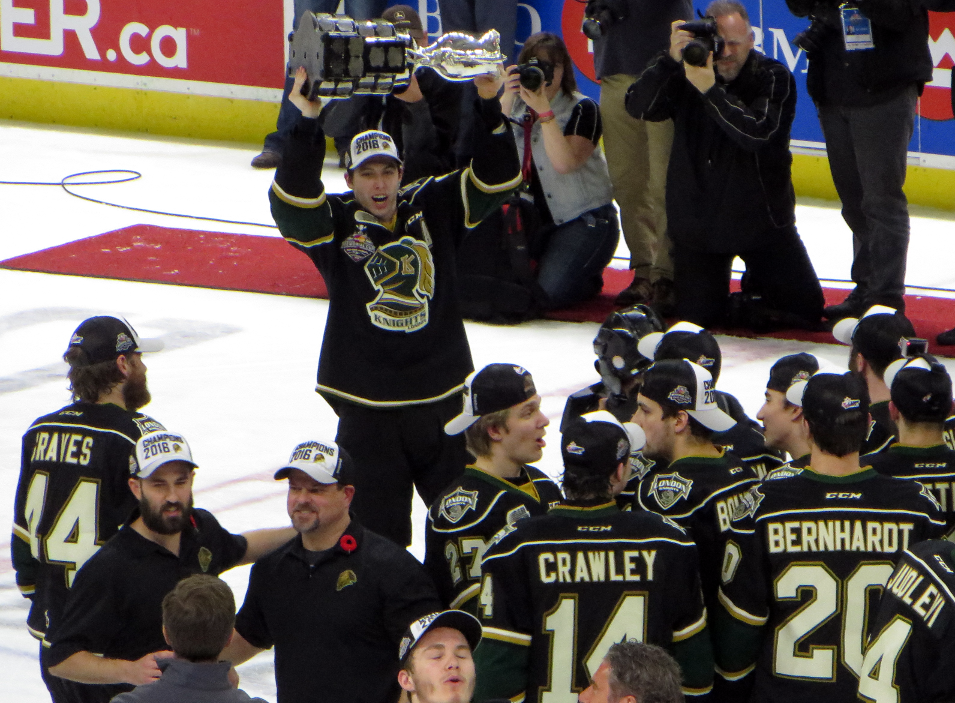 Mitchell Marner, alternate Captain of the London Knights, celebrates with the Memorial Cup trophy after winning the 2016 Memorial Cup tournament.