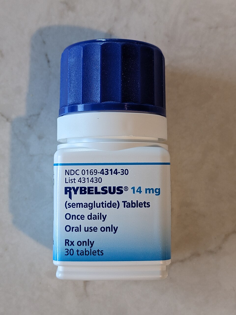 A bottle of Rybelsus (semaglutide) 14mg, seen from the front.