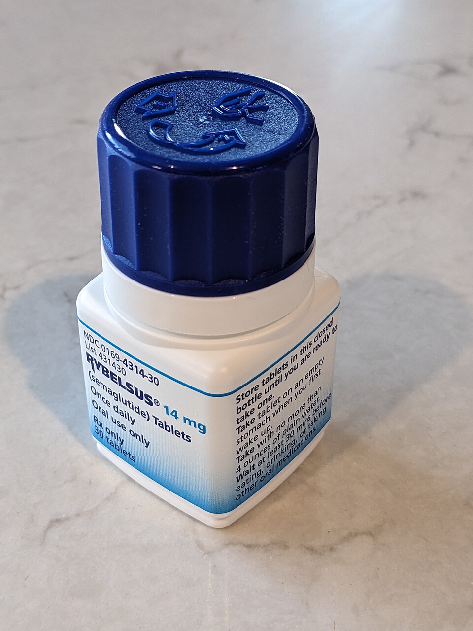 A bottle of Rybelsus (semaglutide) 14mg, seen from an angle.