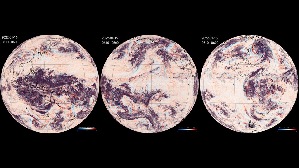 Three geostationary satellites view gravity waves from Hunga Tonga