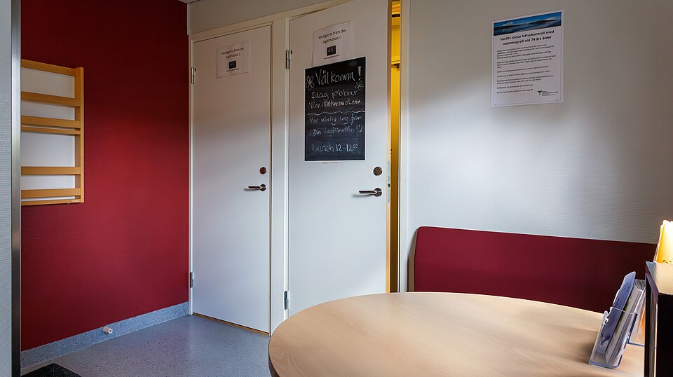 Interior, reception room, of mammography trailer at Lysekil hospital in Lysekil, Sweden.