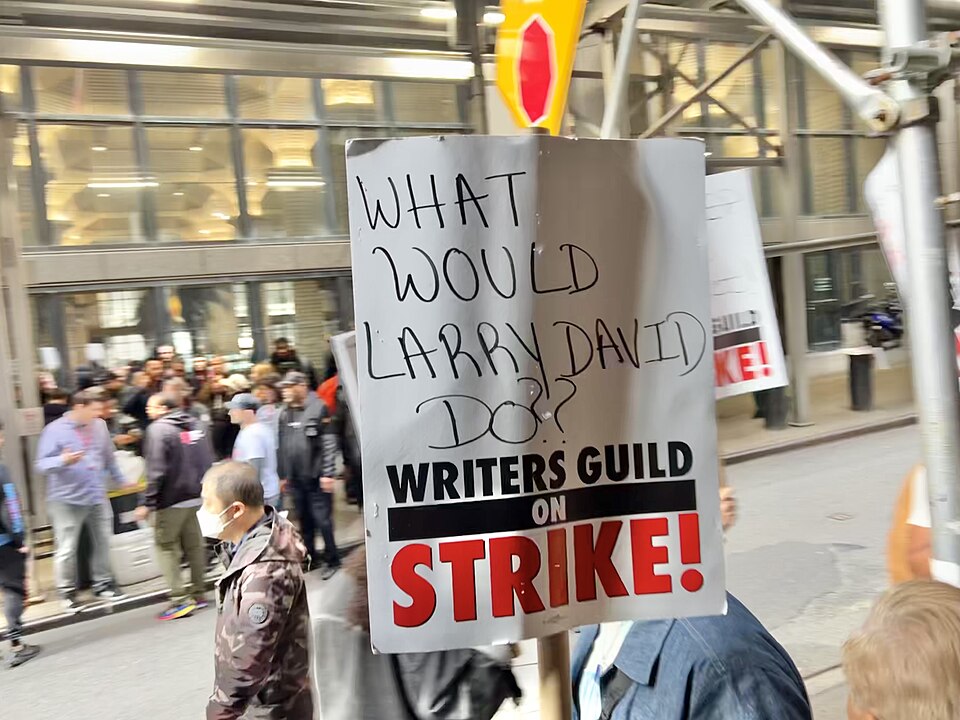 Picket line formed by writers that are on strike in New York City. Outside on location of the Marvel Studios Disney+ TV show, Daredevil: Born Again (filming/working title of Out the Kitchen).