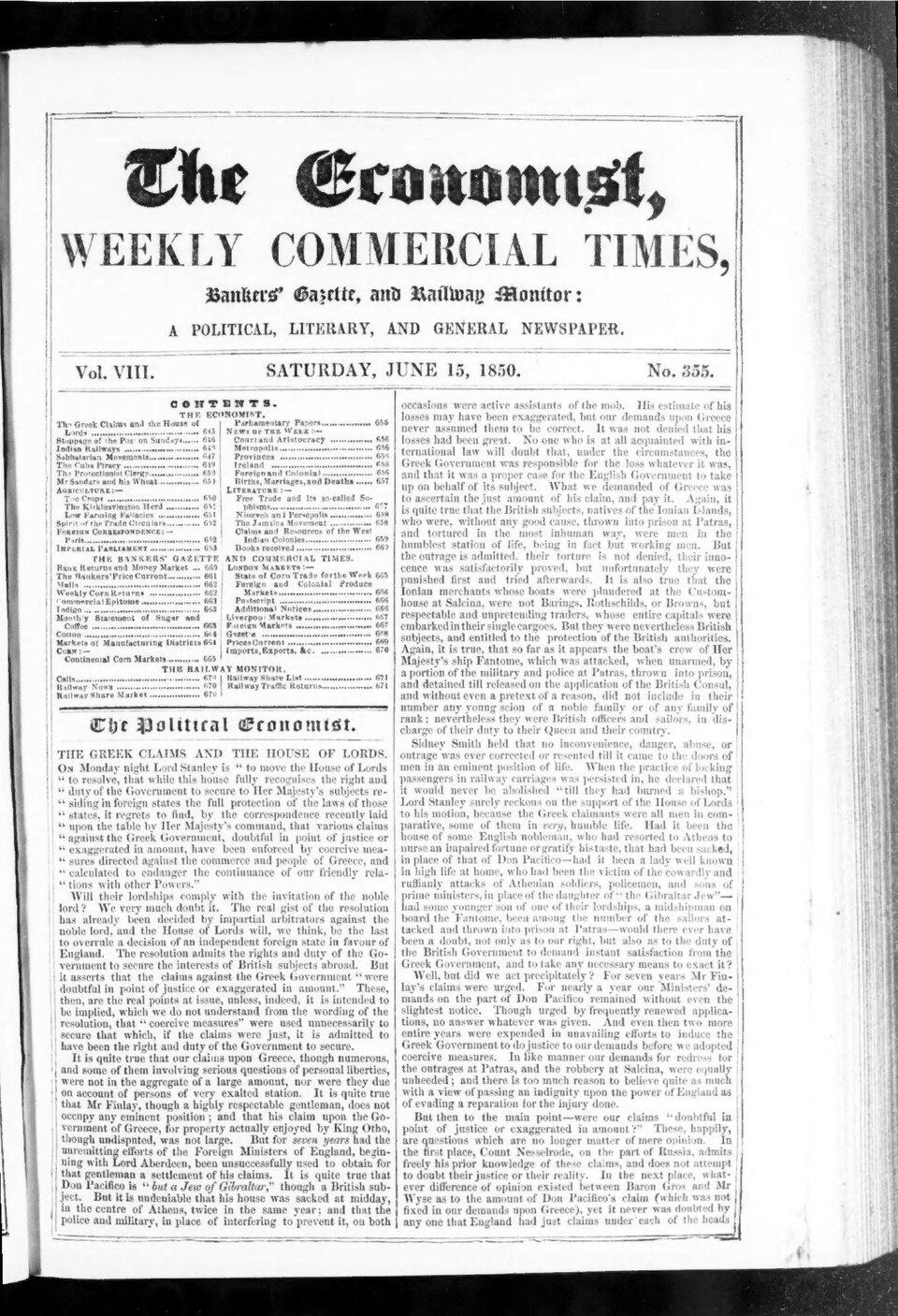 The Economist 1850-06-15: <a href="https://archive.org/search.php?query=sim_pubid%3A1011%20AND%20volume%3A8" rel="nofollow">Volume 8</a>, Issue 355.Digitized from <a href="https://archive.org/details/sim_raw_scan_IA1532329-06/page/n1145" rel="nofollow">IA1532329-06</a>.Previo