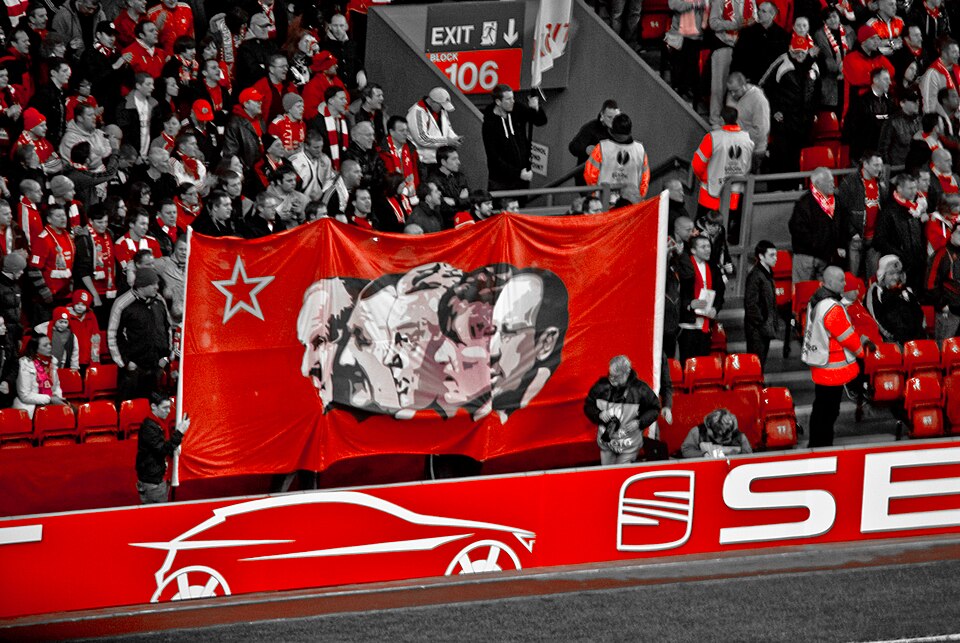 Banner of Liverpool's supporters with Bill Shankly, Bob Paisley, Joe Fagan, Kenny Dalglish and Rafael Benítez during Europa League match against SC Braga.