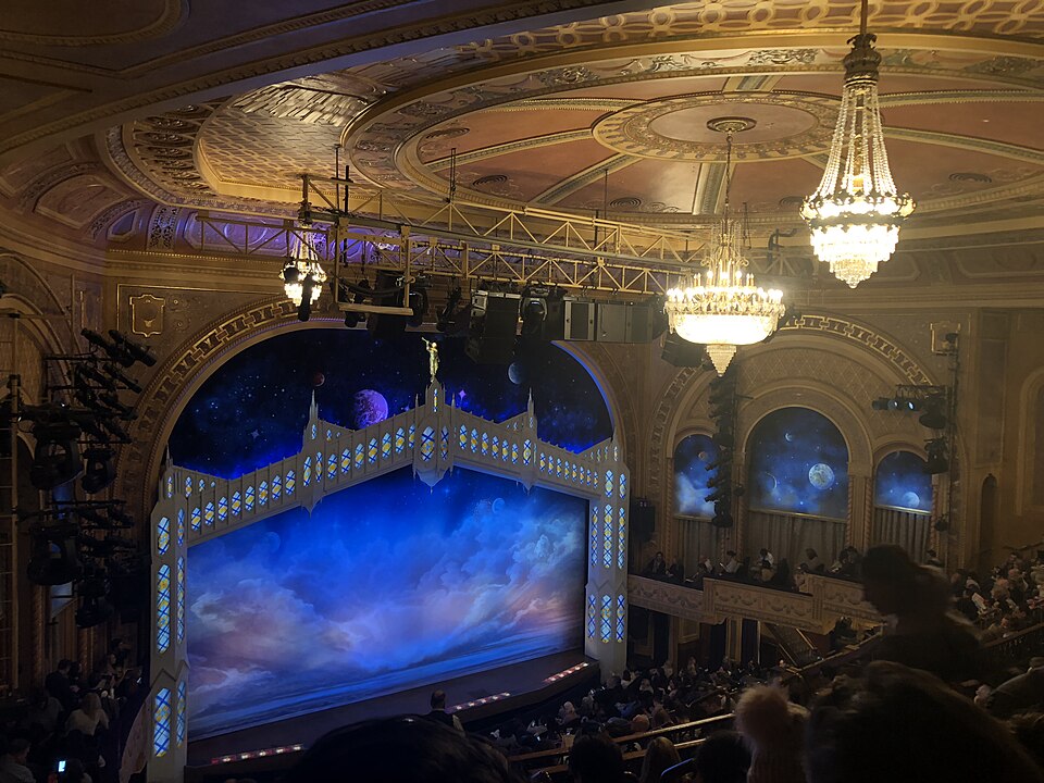 A photograph of the Eugene O'Neill theatre in Broadway, New York, depicting the opening set for a production of The Book of Mormon stage show, taken by myself on April 19, 2018.