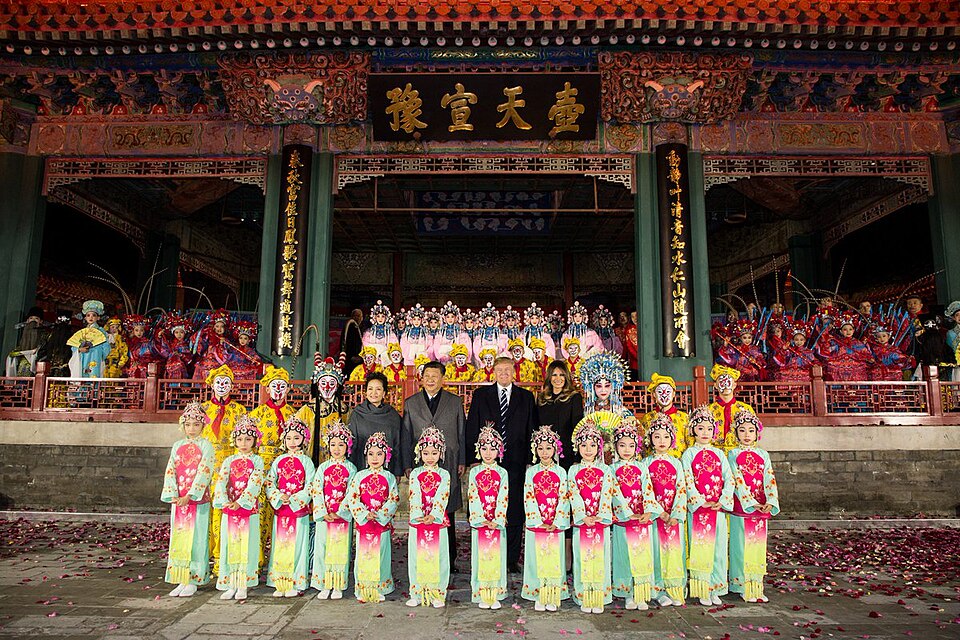 U.S. President Donald Trump and First Lady Melania Trump during a visit to China accompanied by General Secretary of the Chinese Communist Party Xi Jinping