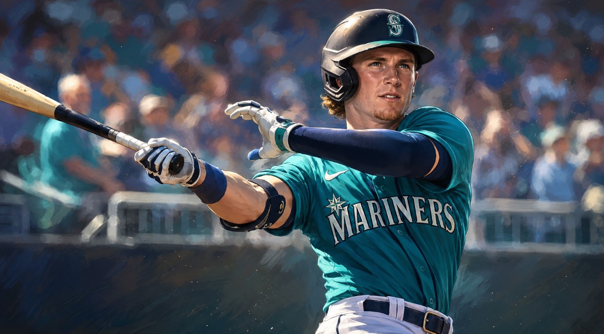 A stylized sports illustration shows baseball player Colt Emerson in a teal Mariners-style uniform and batting helmet, finishing a powerful swing in front of a blurred stadium crowd.