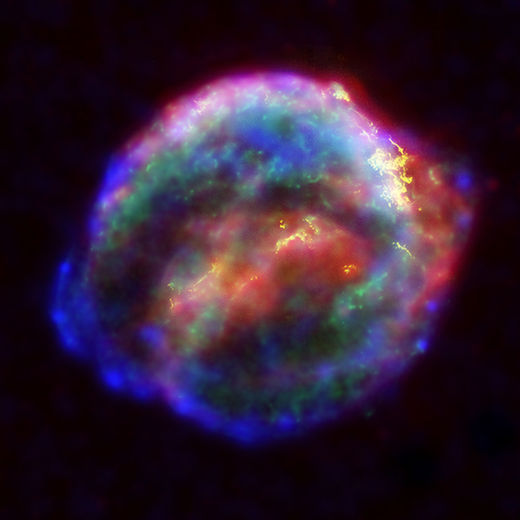 X-ray, Optical &amp; Infrared Composite of Kepler's Supernova Remnant
"On October 9, 1604, sky watchers -- including astronomer Johannes Kepler, spotted a "new star" in the western sky, rivaling the brilliance of nearby planets. "Kepler's supernova" was the last exploding supernova seen in our Milky