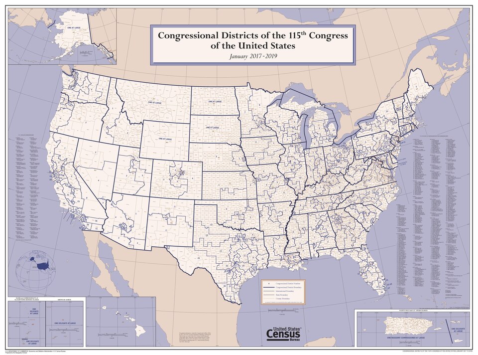 This wall map depicts congressional district boundaries in effect for the 115th Congress of the United States (January 2017-2019). The map includes county names and boundaries for each state, the District of Columbia, Puerto Rico, American Samoa, Guam, the Commonwealth of the Northern Mariana Island