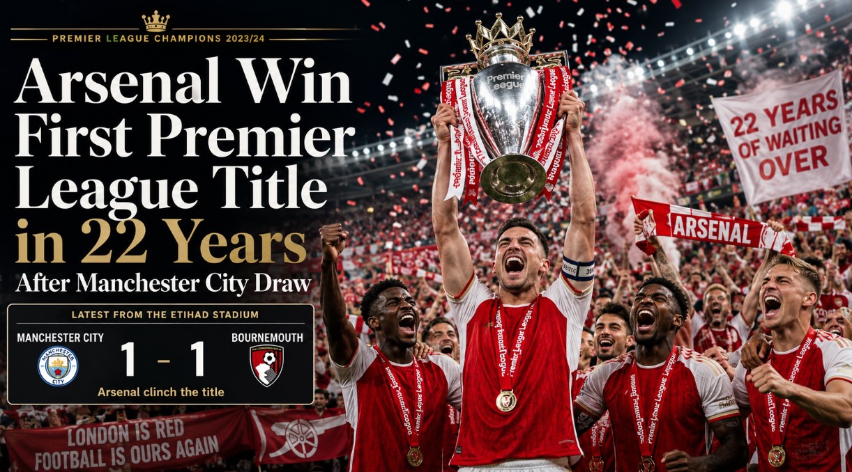 A dramatic wide sports graphic showing Arsenal players celebrating on the pitch with the Premier League trophy raised high, red-and-white confetti