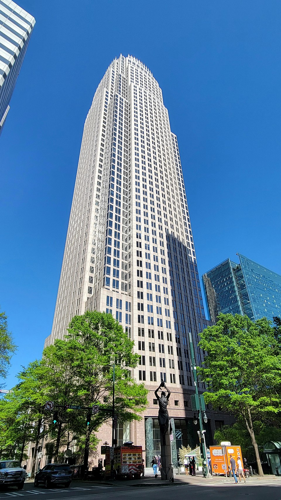 The Bank of America Corporate Center is an 871 ft (265 m) skyscraper in w:Uptown Charlotte, w:North Carolina. As seen from the corner of S Tryon and W Trade Streets.