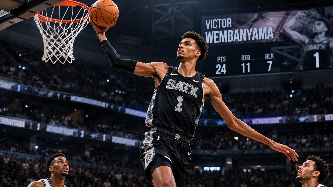 Victor Wembanyama-inspired basketball player leaps toward the hoop for a dramatic dunk in a packed arena.