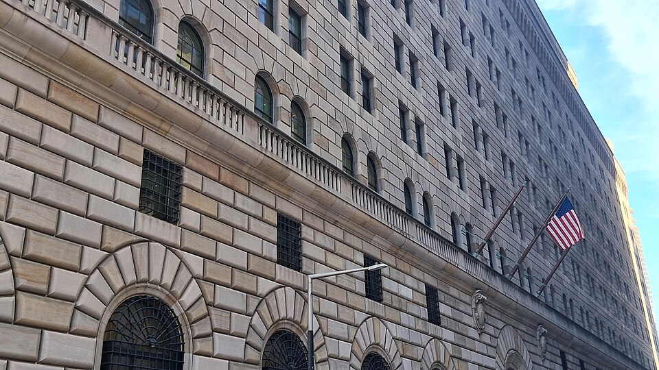 The Federal Reserve Bank of New York Building in the Financial District, Manhattan