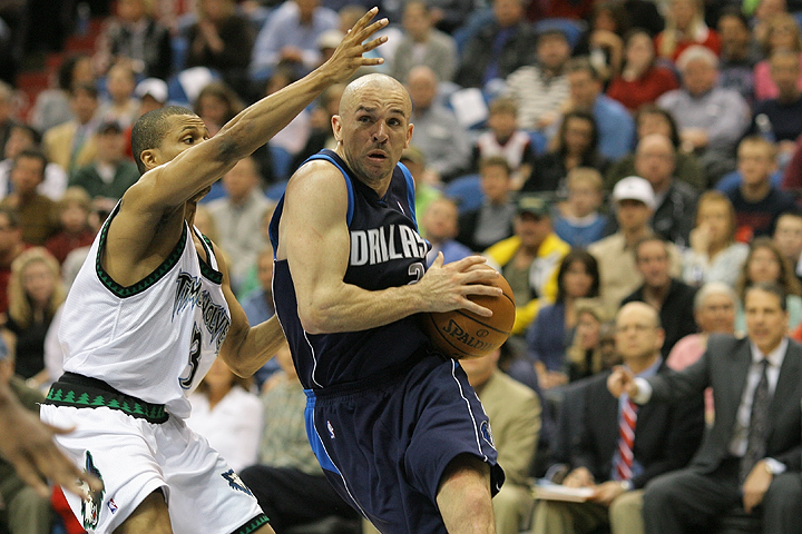 NBA player Jason Kidd of the Dallas Mavericks drives to the basket during a game against the Minnesota Timberwolves.