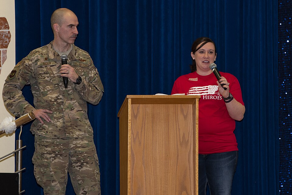 U.S. Air Force Col. Jason Bailey, 52nd Fighter Wing commander, and Mrs. Erin Bailey, 52nd Fighter Wing commander's spouse, give opening remarks for Mental Health Awareness Forum at the Brick House on Spangdahlem Air Base, Germany, March 15, 2019. The Baileys talked about the changing views that the