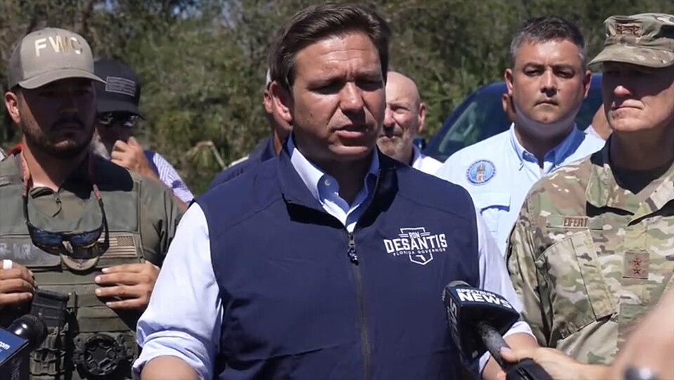 Florida Governor Ron DeSantis delivers an update on Hurricane Ian’s effect in North Port, Florida