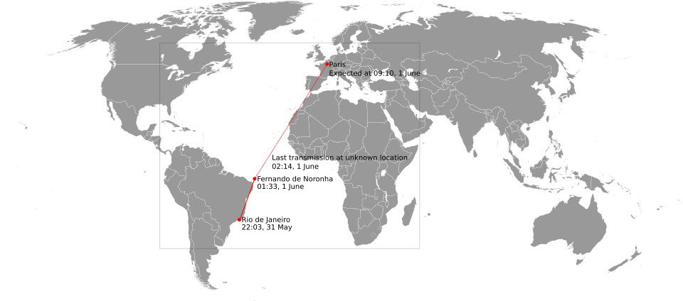 Flight path and predicted flight path of Air France Flight 447 on 31 May/1 June 2009. The solid red line indicates the actual flight path, while the dotted line shows the predicted flight path.