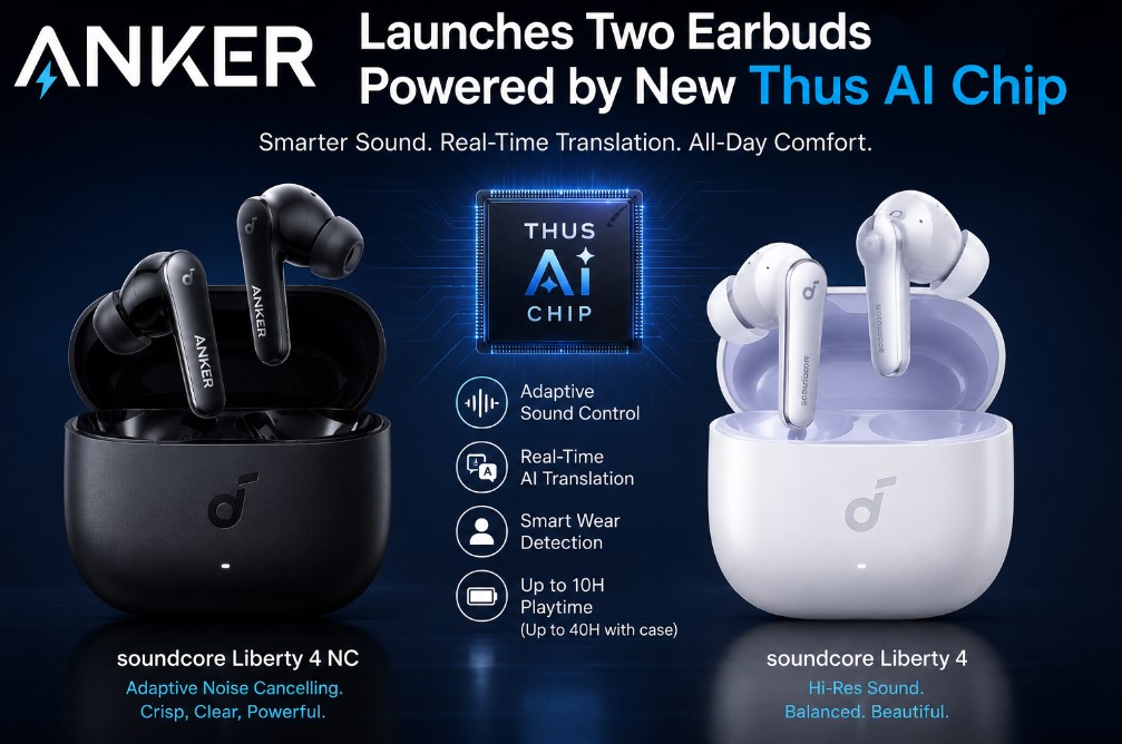 A wide high-tech marketing graphic featuring two pairs of Anker Soundcore-style earbuds in black and white charging cases. A glowing “Thus AI Chip” appears between the products, surrounded by blue circuit effects and feature callouts such as adaptive sound control, real-time