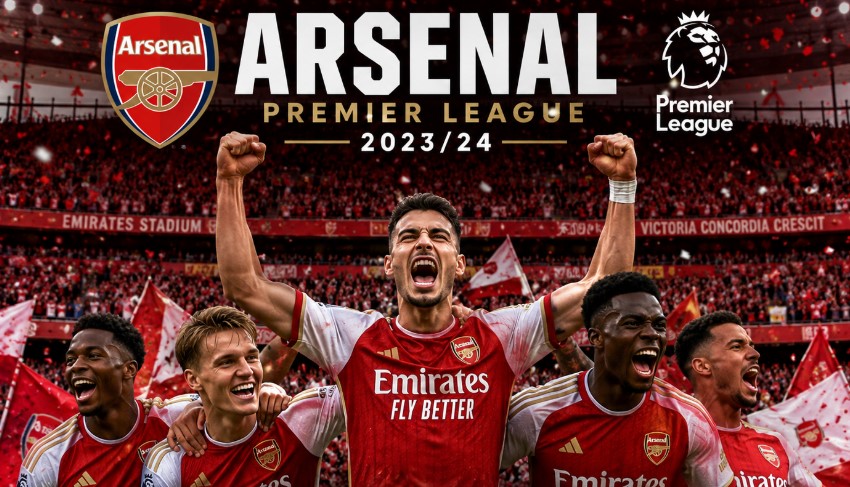 A wide sports poster-style illustration featuring Arsenal players celebrating in a packed stadium filled with red-and-white flags, confetti, and bold Premier League-themed typography.