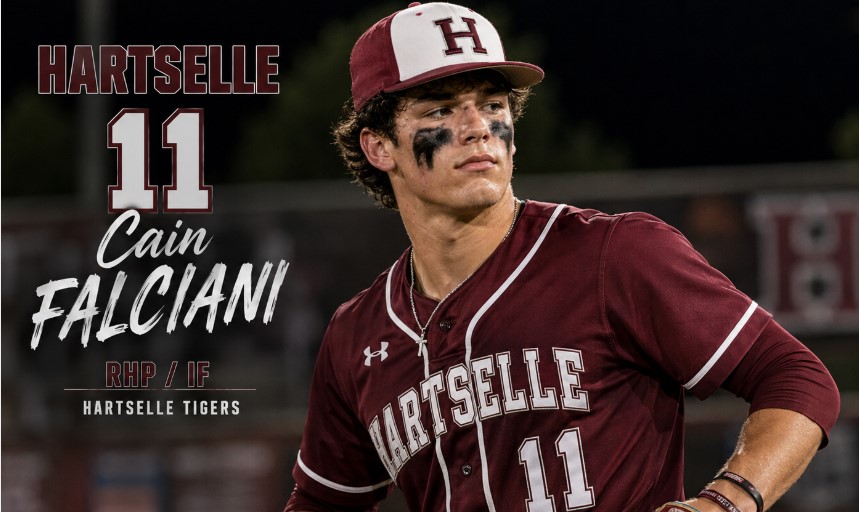 A cinematic baseball graphic featuring Cain Falciani of Hartselle in a maroon uniform, posed with a baseball and glove on the field at night. T