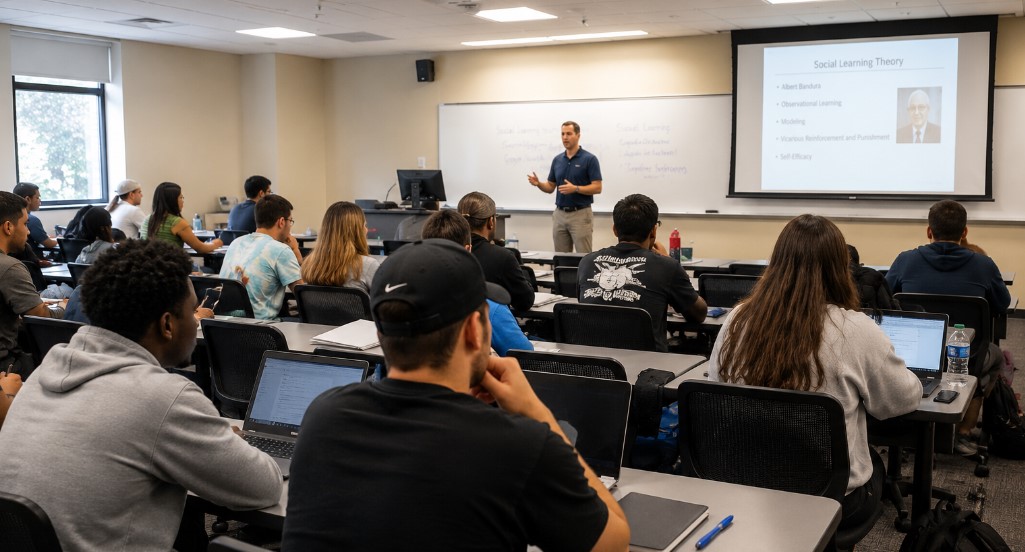 A wide photo-style image of a modern college classroom during a lecture. Students sit at desks with laptops, notebooks, pens, and water bottles while an instructor presents near a whiteboard and projected slide. The setting is bright, organized