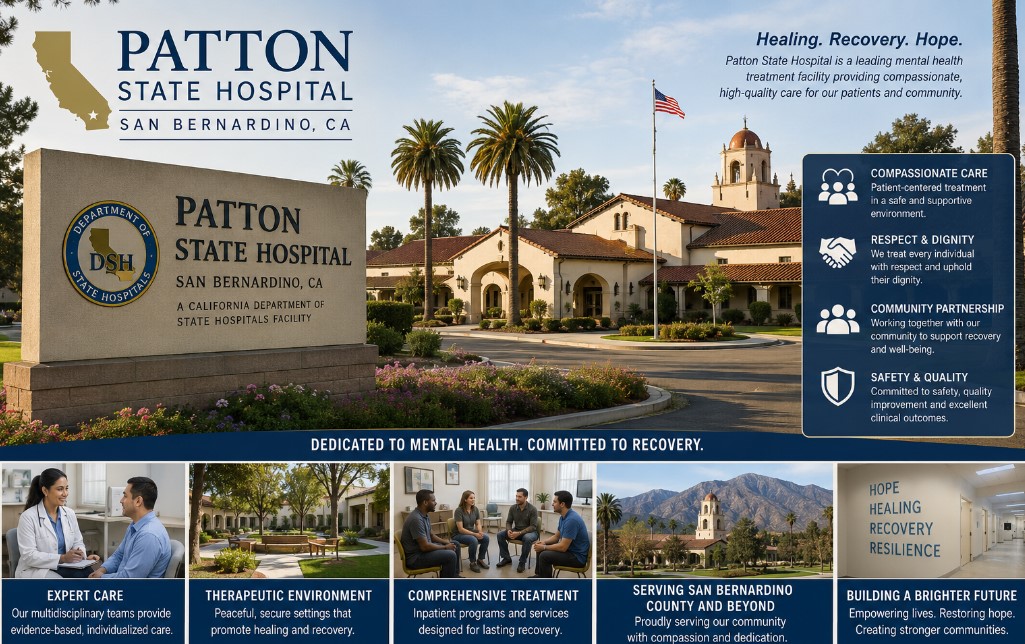 A wide brochure-style healthcare poster inspired by Patton State Hospital in San Bernardino, California. The image features a Spanish-style campus building
