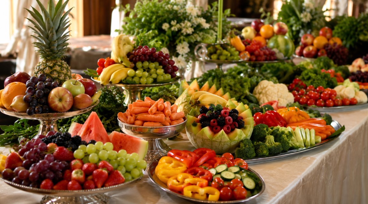 A wide, photo-style image of an elegant banquet table covered with fresh produce. The display includes fruit platters, carved melon, berries, grapes, pineapple, bananas, watermelon