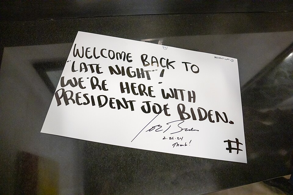 Cue card signed by President Joe Biden used on Late Night with Seth Meyers on February 26, 2024