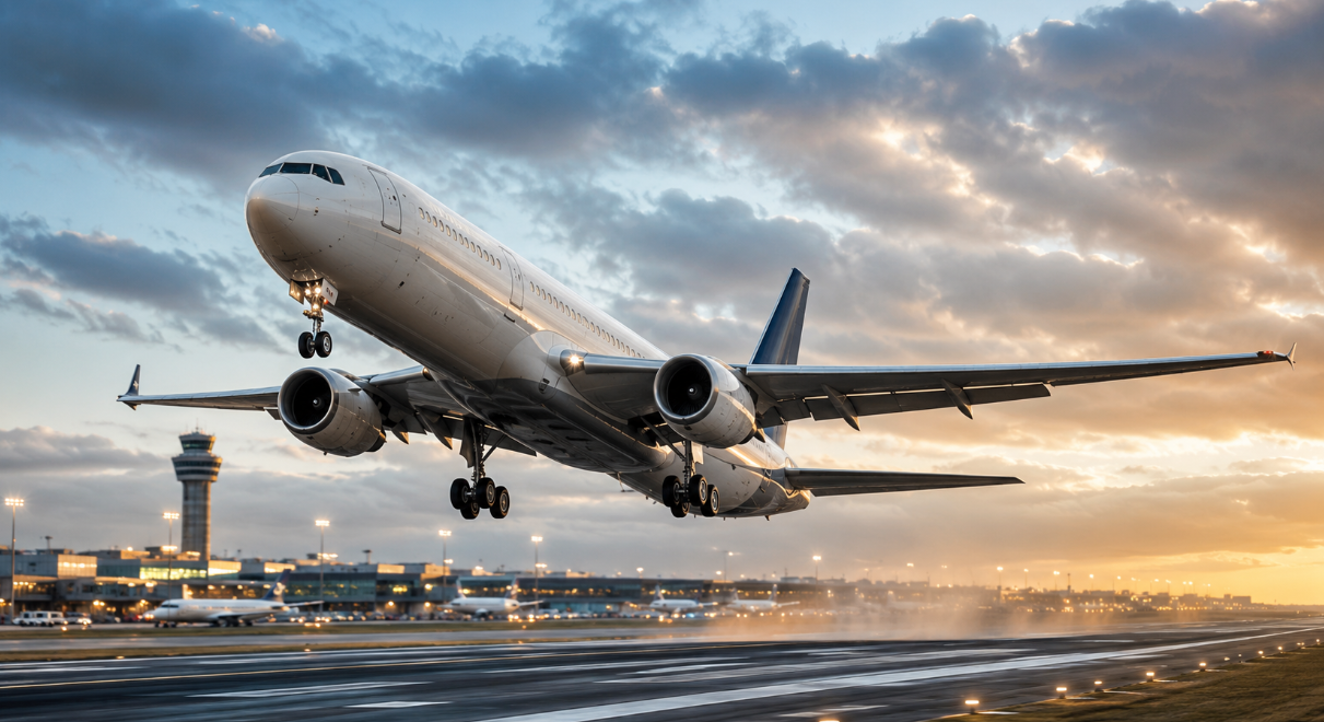 Wide-format aviation image showing a large commercial jet rising above the runway during takeoff. The scene includes airport lights, a control tower