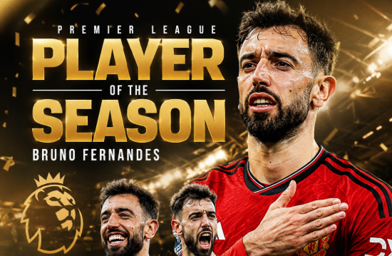 Wide-format sports graphic featuring Bruno Fernandes in a celebratory football poster design. The image uses gold lighting, stadium atmosphere