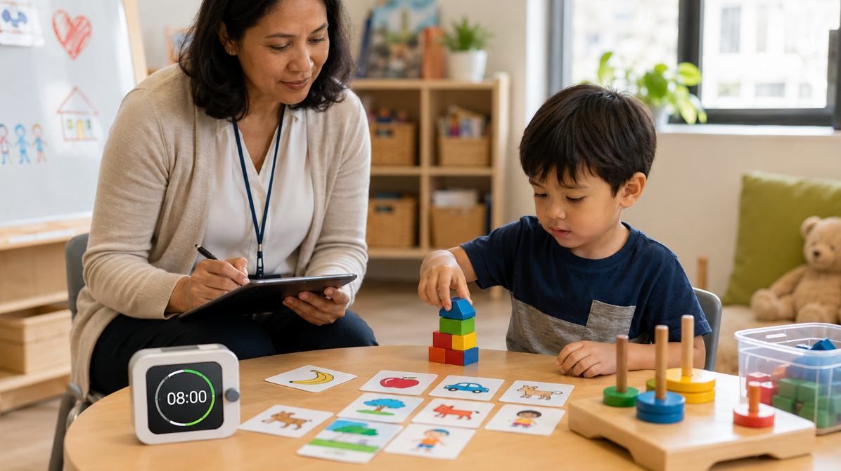 Wide photo-style image of a preschool-age child completing a developmental assessment at a table with blocks, picture cards, and learning tools while an educator takes notes, with a timer showing eight minutes.