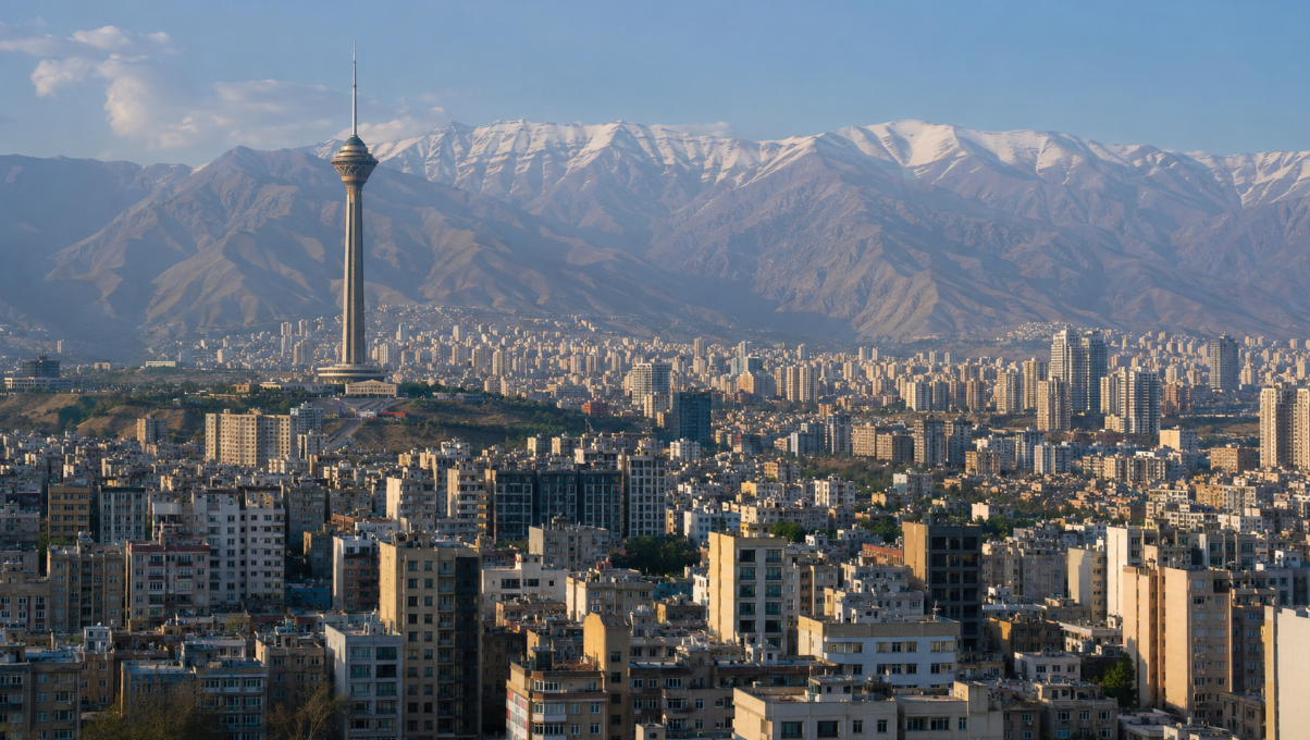 Wide-format photo-style image showing Tehran, Iran, with dense city buildings, Milad Tower, and the Alborz Mountains in the distance.