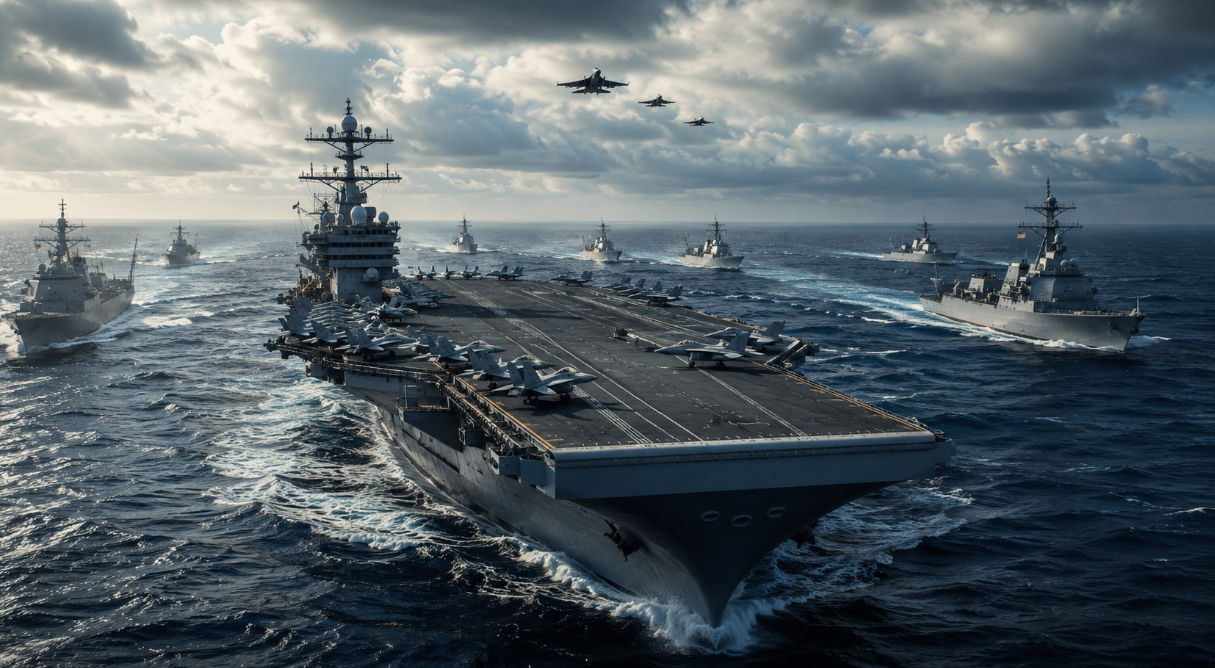 Wide-format naval scene showing a large aircraft carrier leading a strike group across rough ocean waters. Escort ships travel in formation around the carrier while fighter jets fly above