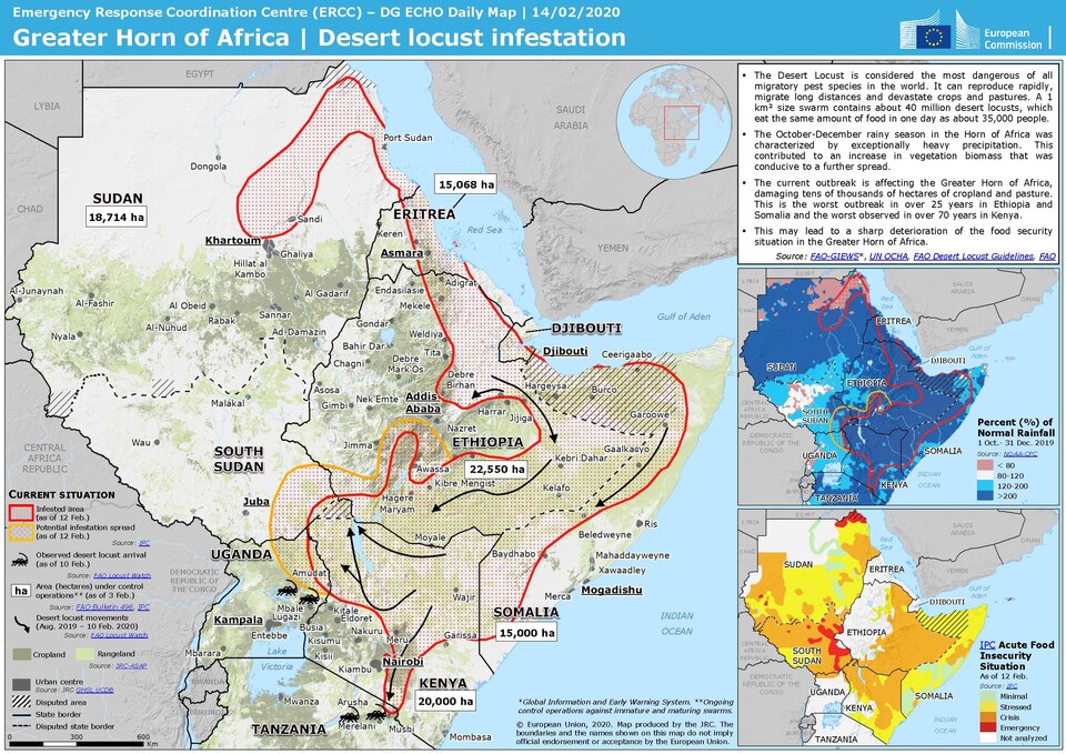 Greater Horn of Africa | Desert locust infestation 
ECHO Daily Map of 14 February 2020
