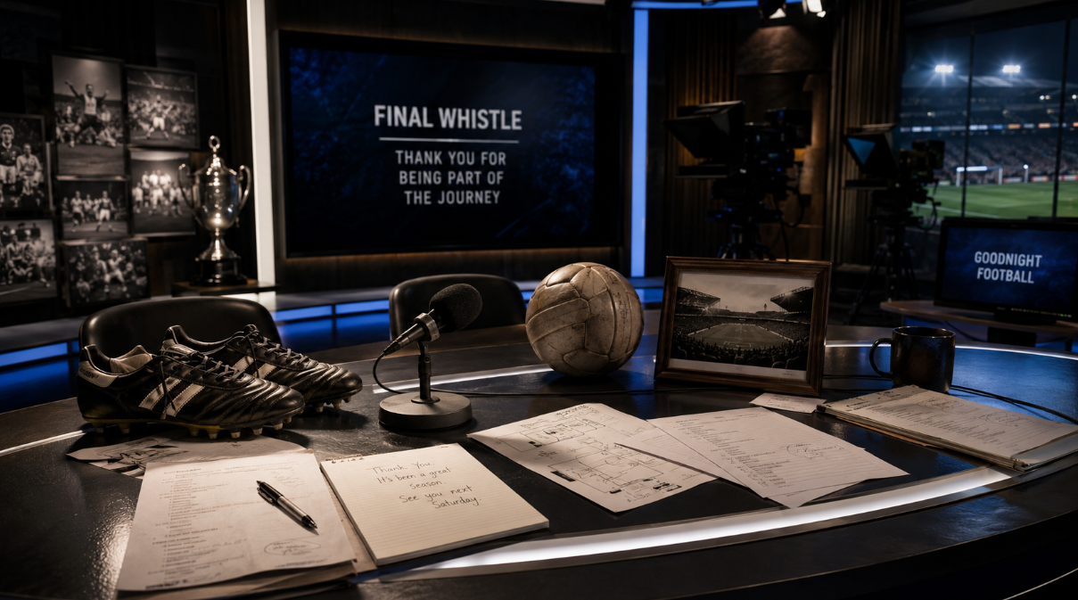 An empty football television studio after a final broadcast, with a desk, microphone, football boots, a framed stadium photo, and dimmed studio lights.