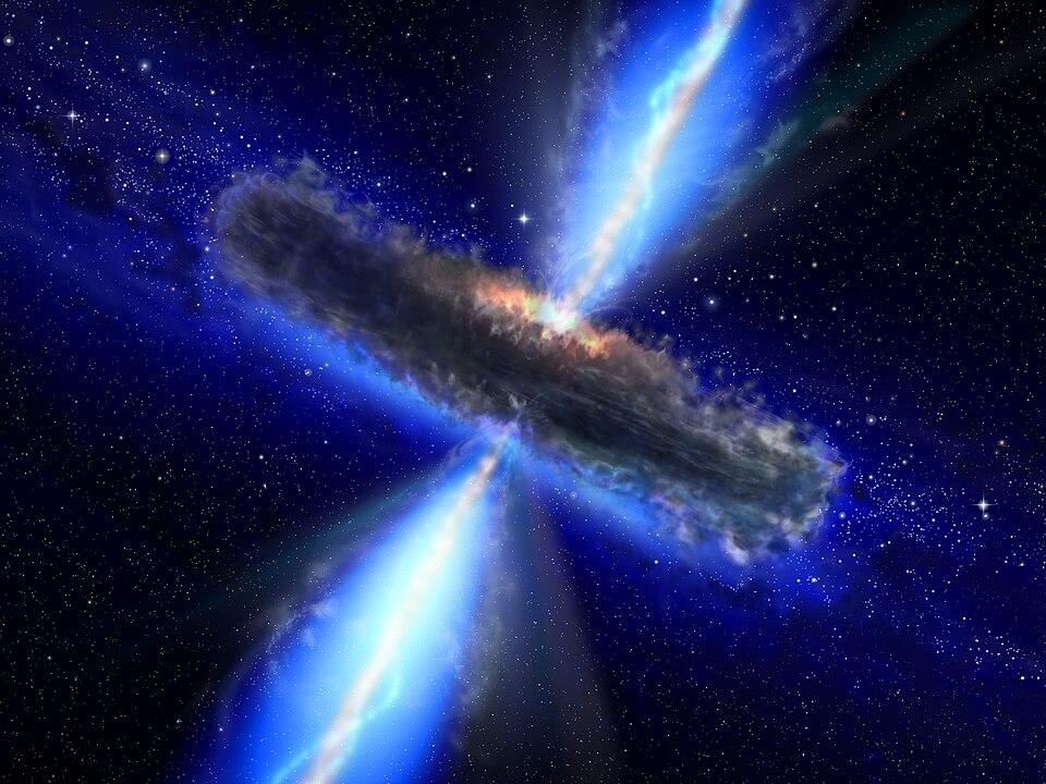 'This artist's concept illustrates a quasar, or feeding black hole, similar to APM 08279+5255, where astronomers discovered huge amounts of water vapor. Gas and dust likely form a torus around the central black hole, with clouds of charged gas above and below. X-rays emerge from the very central reg