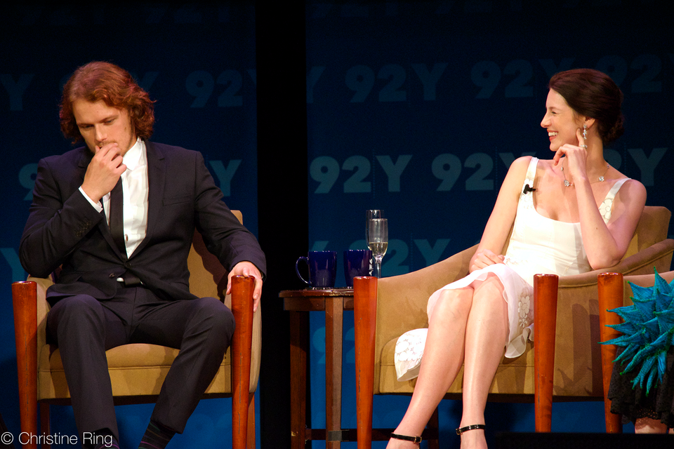 Actors Sam Heughan and Caitriona Balfe at 92nd Street Y for the New York premiere of the first season of the TV series Outlander. The season is based on Diana Gabaldon's novel of the same title and shows Heughan and Balfe starring.