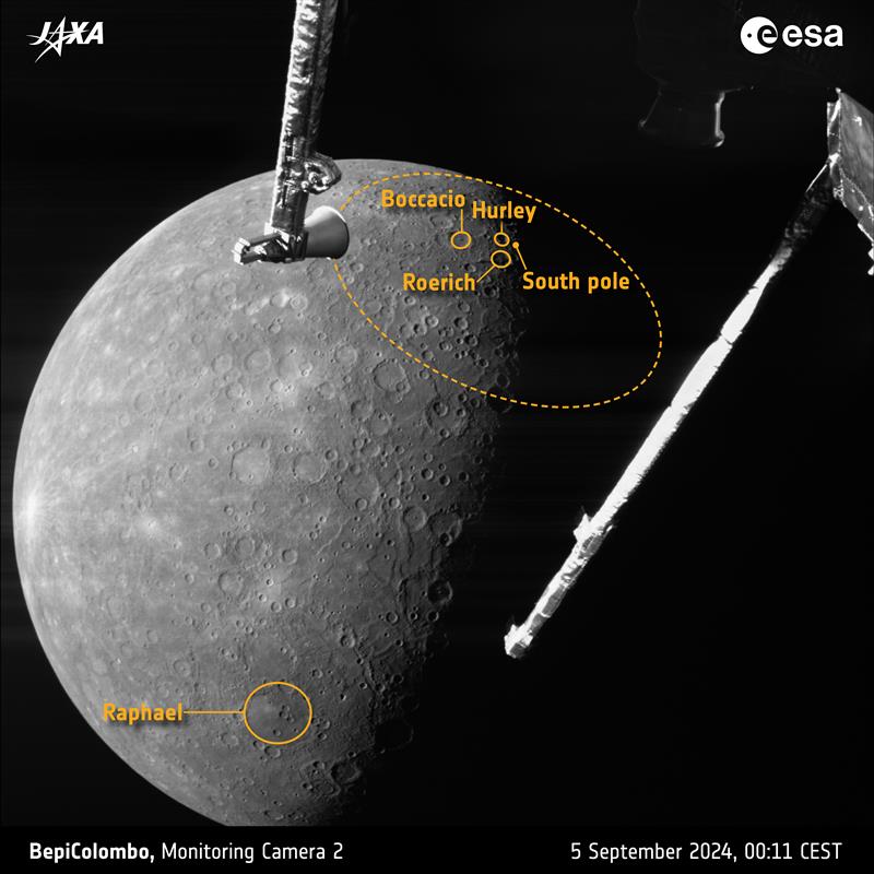 Mercury is receding into the distance in this image taken by the ESA/JAXA BepiColombo mission in the early hours of 5 September 2024 as the spacecraft sped by for its fourth of six gravity assist manoeuvres at the planet.The image was captured at 00:11 CEST by the Mercury Transfer Module’s monitorin
