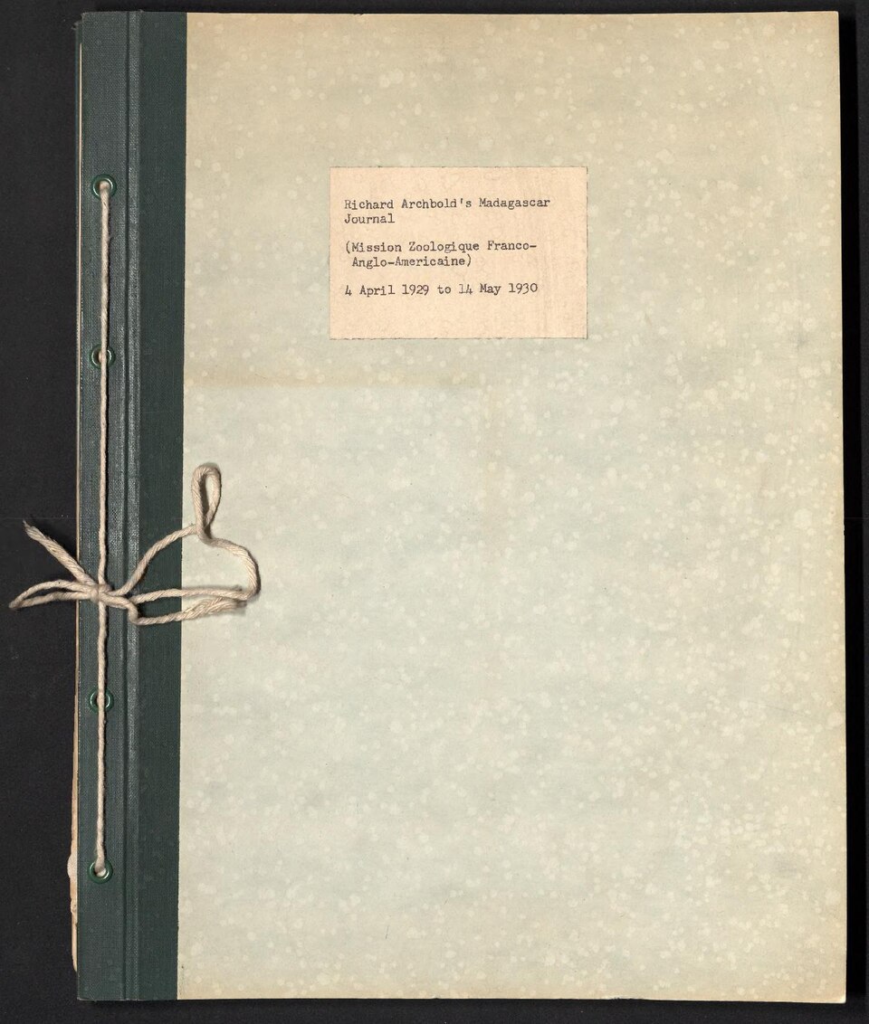 Annotated typescript sheets with hand-drawn sketches bound with string between covers
Two sets of 10 leaves each are laid into the front cover of the volume
Portions of this volume have been transcribed from other handwritten journals
Archbolds journal from his time en route to and during the expedi