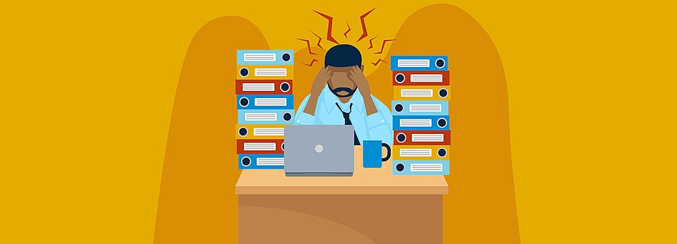 Illustration of a man hunched over at his desk and surrounded by stacks of binders, suffering from work related stress. This is an image licensed under the Attribution Creative Commons licence, which means you can use it as long as you credit ciphr.com/ with a link.