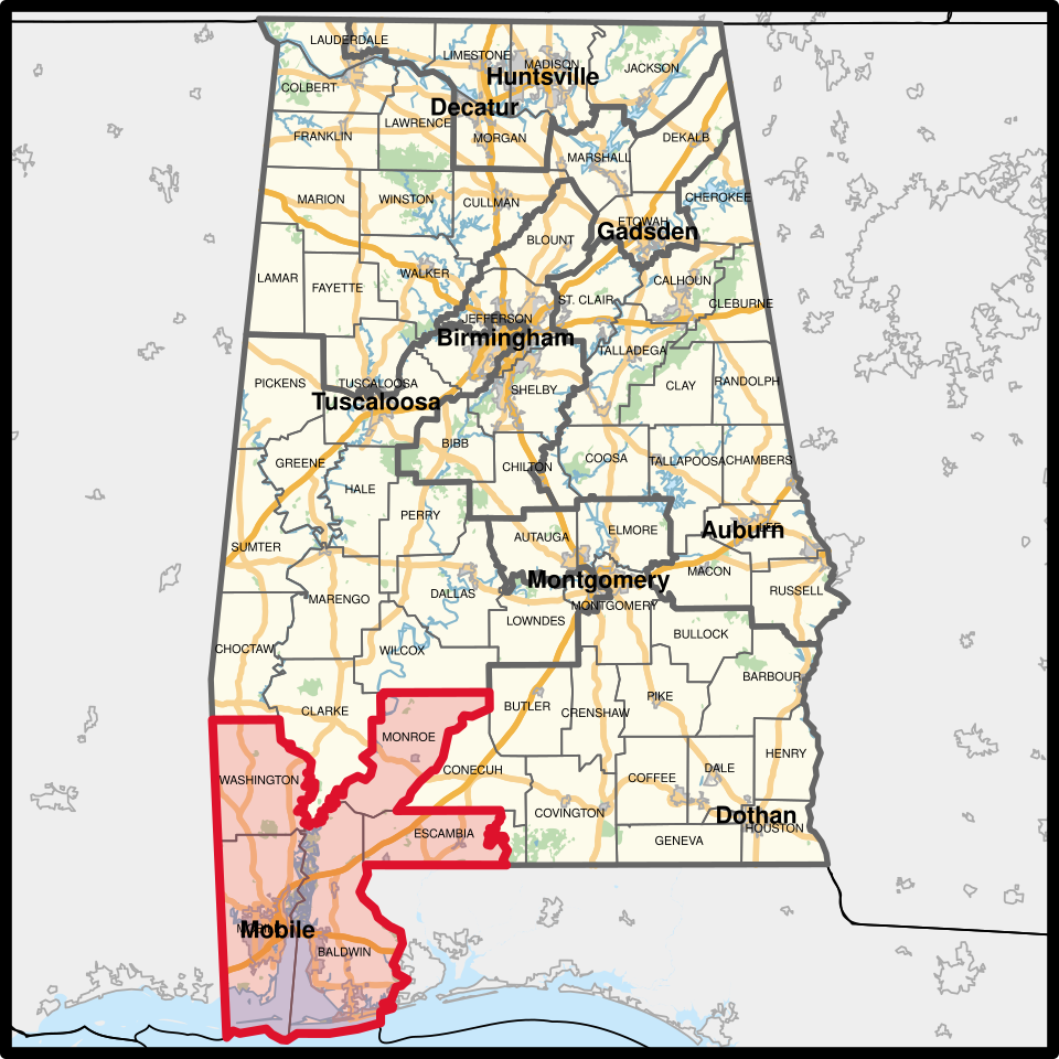 The congressional district, highlighted in red, overlayed with other congressional districts and county boundaries, as well as major cities, major roads, water areas, urban areas, and parks in Alabama, with neighbouring states coloured in gray. Shapefiles from the United States Census Bureau, the Al
