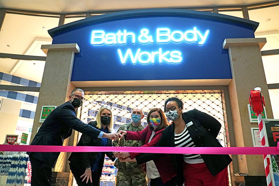 The Kaiserslautern Military Community Center Exchange held a ribbon-cutting ceremony for the grand opening of Bath &amp; Body Works Nov. 19 at Ramstein Air Base, Germany. From left, Deputy Directory John Faulkner, 86th Mission Support Group; Exchange Europe/Southwest Asia/Africa Region Commander Col