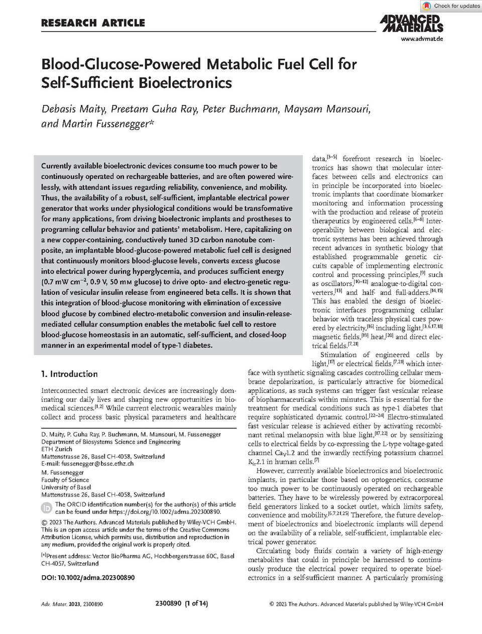 Currently available bioelectronic devices consume too much power to be continuously operated on rechargeable batteries, and are often powered wirelessly, with attendant issues regarding reliability, convenience, and mobility. Thus, the availability of a robust, self-sufficient, implantable electrica