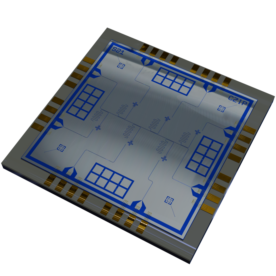 Rendering of a superconducting quantum processor chip with 6 transmons and 12 test junctions on the side in ~16K resolution. Made with Blender and KQCircuits. Downloadable under a Creative Commons license.