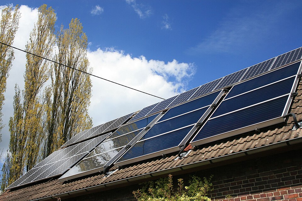 Combined heat and power solar installation on barn roof in Western Europe, Selm, Germany
